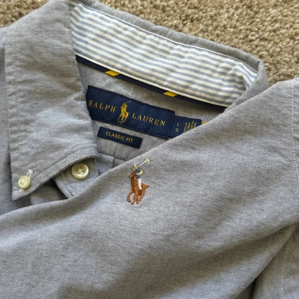 Ralph Lauren Button Down Shirt Men Large Grey Classic Fit Short Sleeve Oxford